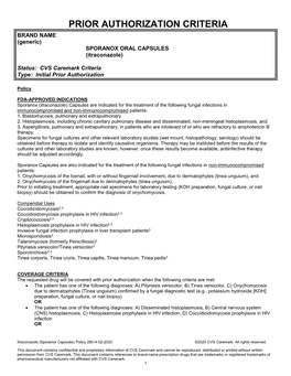 PRIOR AUTHORIZATION CRITERIA BRAND NAME (Generic) SPORANOX ORAL CAPSULES (Itraconazole)