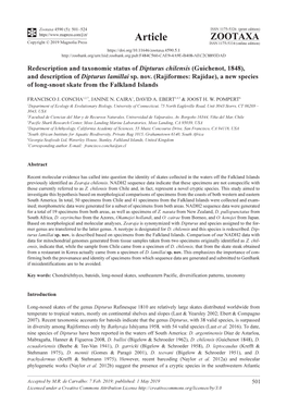 Redescription and Taxonomic Status of Dipturus Chilensis (Guichenot, 1848), and Description of Dipturus Lamillai Sp