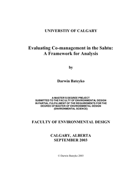 Evaluating Co-Management in the Sahtu: a Framework for Analysis