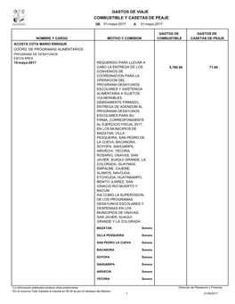 GASTOS DE VIAJE COMBUSTIBLE Y CASETAS DE PEAJE DE 01-Mayo-2017 a 31-Mayo-2017