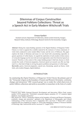 Dilemmas of Corpus Construction Beyond Folklore Collections: Threat As a Speech Act in Early Modern Witchcraft Trials