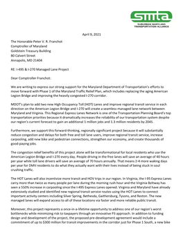 April 9, 2021 the Honorable Peter V. R. Franchot Comptroller of Maryland Goldstein Treasury Building 80 Calvert Street Annapolis, MD 21404