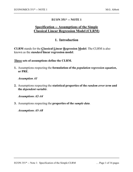 Assumptions of the Simple Classical Linear Regression Model (CLRM)