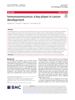 Immunosenescence: a Key Player in Cancer Development Jingyao Lian1,2†, Ying Yue1,2,3†, Weina Yu1,2† and Yi Zhang1,2*