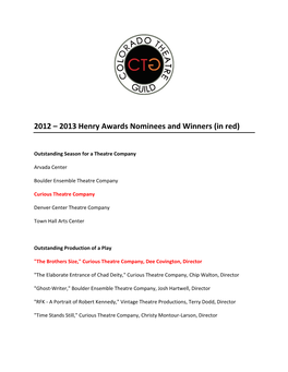 2012 – 2013 Henry Awards Nominees and Winners (In Red)
