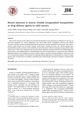 Recent Advances in Arsenic Trioxide Encapsulated Nanoparticles As Drug Delivery Agents to Solid Cancers