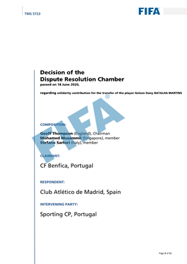 Decision of the Dispute Resolution Chamber CF Benfica, Portugal Club