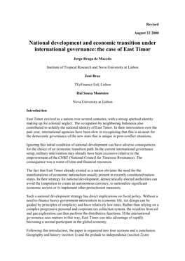 National Development and Economic Transition Under International Governance: the Case of East Timor