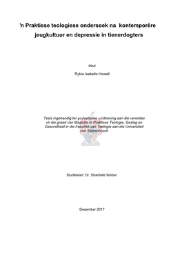 ŉ Praktiese Teologiese Ondersoek Na Kontemporêre Jeugkultuur En Depressie in Tienerdogters