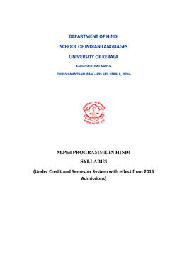 Department of Hindi School of Indian Languages University of Kerala