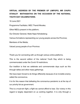 Virtual Address by the Premier of Limpopo, Mr Chupu Stanley Mathabatha on the Occasion of the National Youth Day Celebrations