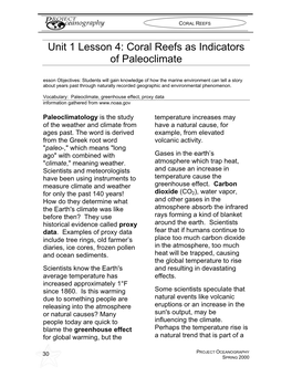 Unit 1 Lesson 4: Coral Reefs As Indicators of Paleoclimate