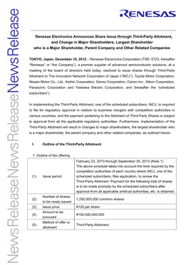 Renesas Electronics Announces Share Issue Through Third-Party Allotment, and Change in Major Shareholders, Largest Shareholder W