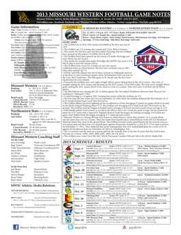 2013 MISSOURI WESTERN FOOTBALL GAME NOTES Missouri Western Athletic Media Relations • 4525 Downs Drive • St