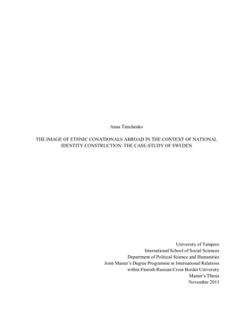 Anna Timchenko the IMAGE of ETHNIC CONATIONALS ABROAD in the CONTEXT of NATIONAL IDENTITY CONSTRUCTION: the CASE-STUDY of SWEDEN