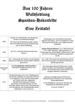 Aus 100 Jahren Wald Iedlung Spandau-Hakenfelde Eine Zeittafel