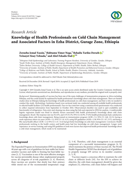 Knowledge of Health Professionals on Cold Chain Management and Associated Factors in Ezha District, Gurage Zone, Ethiopia