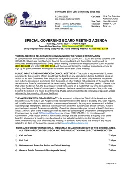 Special Governing Board Meeting Agenda