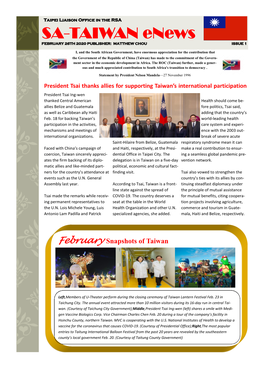 SA-TAIWAN Enews FEBRUARY 26TH 2020 PUBLISHER: MATTHEW CHOU ISSUE 1