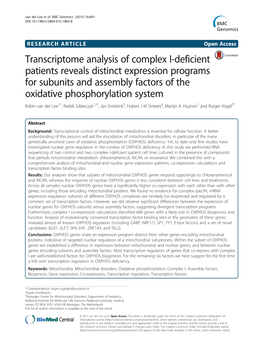 Transcriptome Analysis of Complex I-Deficient Patients Reveals Distinct