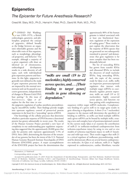 Epigenetics the Epicenter for Future Anesthesia Research?