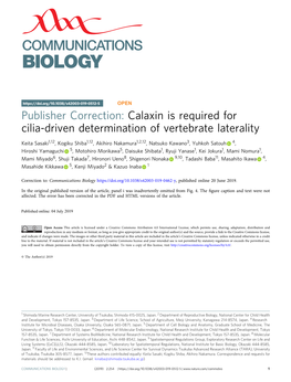 Publisher Correction: Calaxin Is Required for Cilia-Driven Determination of Vertebrate Laterality
