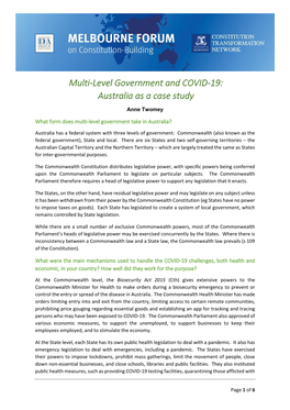 Multi-Level Government and COVID-19: Australia As a Case Study