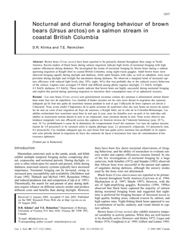 Nocturnal and Diurnal Foraging Behaviour of Brown Bears (Ursus Arctos) on a Salmon Stream in Coastal British Columbia