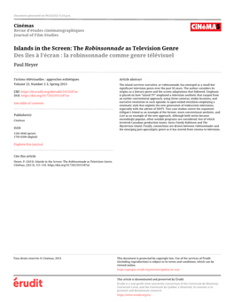 Islands in the Screen: the Robinsonnade As Television Genre Des Îles À L’Écran : La Robinsonnade Comme Genre Télévisuel Paul Heyer