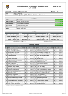 Comissão Estadual De Arbitragem De Futebol - CEAF Jogo: 95 / 2021 SÃO PAULO