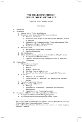 THE CHINESE PRACTICE of PRIVATE INTERNATIONAL LAW the Chinese Practice of Private International Law QINGJIANG KONG* and HU MINFEI†