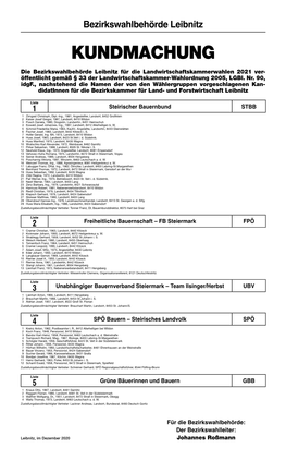 Bezirkswahlbehörde Leibnitz KUNDMACHUNG