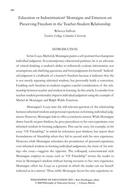 Education Or Indoctrination? Montaigne and Emerson on Preserving Freedom in the Teacher-Student Relationship Rebecca Sullivan Teachers College, Columbia University