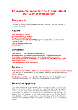 Liturgical Calendar for the Ordinariate of Our Lady of Walsingham