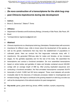 De Novo Construction of a Transcriptome for the Stink Bug Crop