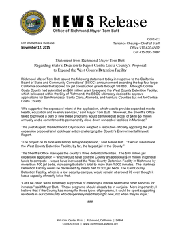 N E W S Release Office of Richmond Mayor Tom Butt