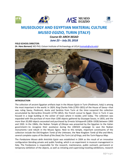 MUSEOLOGY and EGYPTIAN MATERIAL CULTURE MUSEO EGIZIO, TURIN (ITALY) Course ID: ARCH 365AD June 23 ‒ July 29, 2018 FIELD SCHOOL DIRECTOR: Dr