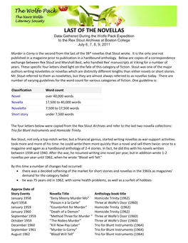 LAST of the NOVELLAS Data Gathered During the Wolfe Pack Expedition to the Rex Stout Archives at Boston College July 6, 7, 8, 9, 2011