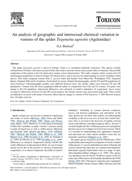An Analysis of Geographic and Intersexual Chemical Variation in Venoms of the Spider Tegenaria Agrestis (Agelenidae)