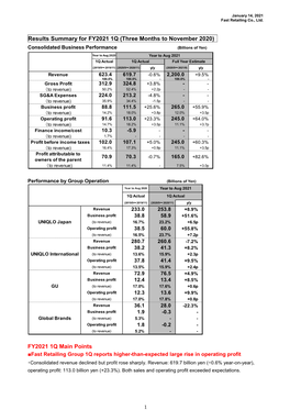 Results Summary for FY2021 1Q (Three Months to November 2020) Consolidated Business Performance (Billions of Yen)