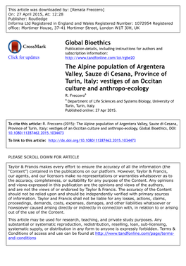 The Alpine Population of Argentera Valley, Sauze Di Cesana, Province of Turin, Italy: Vestiges of an Occitan Culture and Anthropo-Ecology R