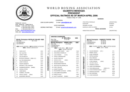 WORLD BOXING ASSOCIATION GILBERTO MENDOZA PRESIDENT OFFICIAL RATINGS AS of MARCH-APRIL 2006 Created on May 10Th, 2006 MEMBERS CHAIRMAN P.O