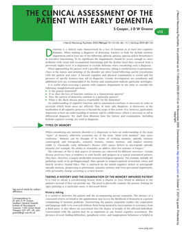 THE CLINICAL ASSESSMENT of the PATIENT with EARLY DEMENTIA S Cooper, J D W Greene V15