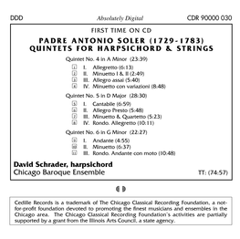 Soler Quintets with David Schrader on Cedille Records  Soler: Quintets for Harpsichord and Strings Nos