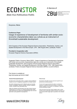 Usage of Experience of Development of Territories with Similar Socio- Economic Characteristics Taken As a Whole As an Instrument of Kronshtadt Sustainable Development