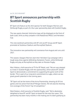 BT Sport Announces Partnership with Scottish Rugby