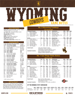 GAME NOTES Nick Seeman, Assistant AD for Media and Public Relations - Cell Phone: 612-741-0550 - Email: Nseeman@Uwyo.Edu