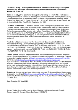 (Uttlesford District) (Prohibition of Waiting, Loading and Stopping) and (On-Street Parking Places) (Civil Enforcement Area) (Amendment Number 13) Order 202*