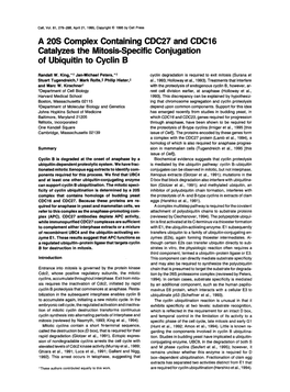 A 20S Complex Containing CDC27 and CDC16 Catalyzes the Mitosis-Specific Conjugation of Ubiquitin to Cyclin B