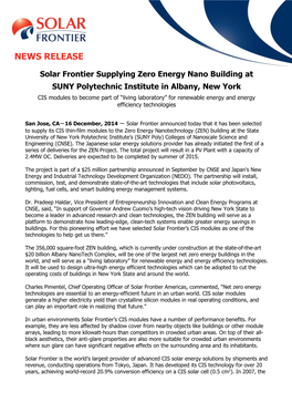 Solar Frontier Supplying Zero Energy Nano Building at SUNY Polytechnic